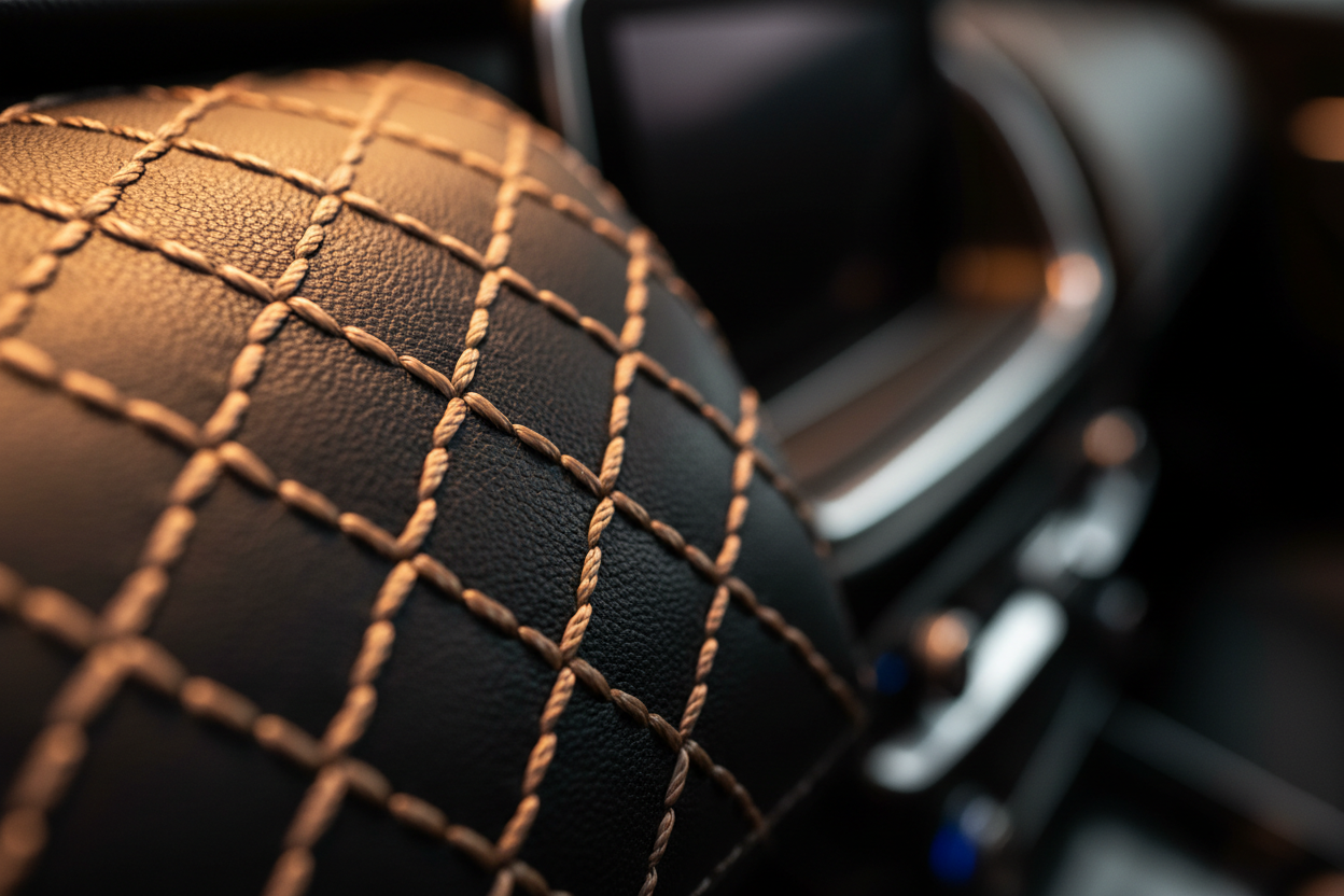 Close-up of premium leather dashboard stitching