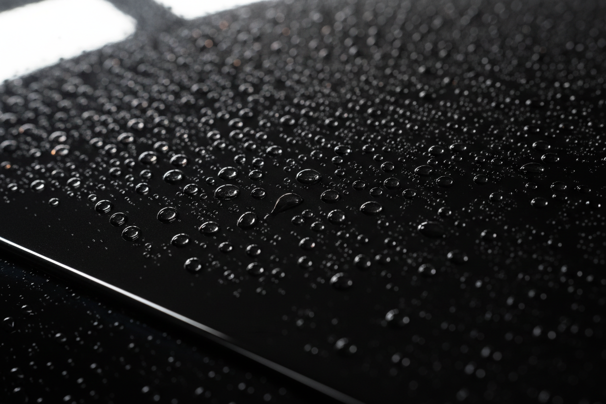 Macro shot of water beading on ceramic-coated black car hood