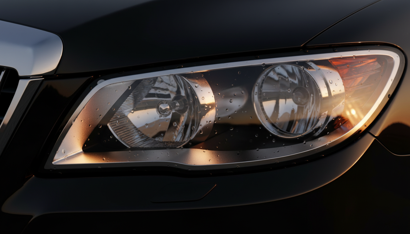 Close-up of luxury car headlight with amber reflections