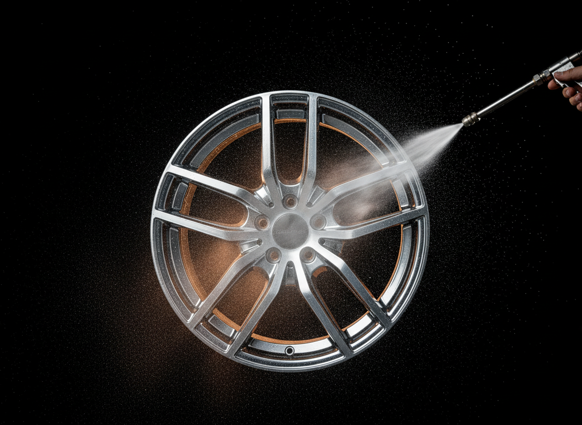 High-pressure detailing nozzle misting over a wheel rim